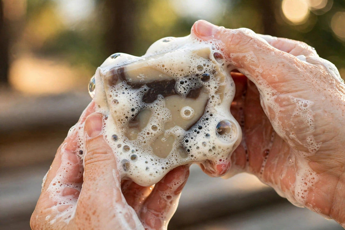 Hands holding a handmade soap bar worked up into a rich, creamy lather