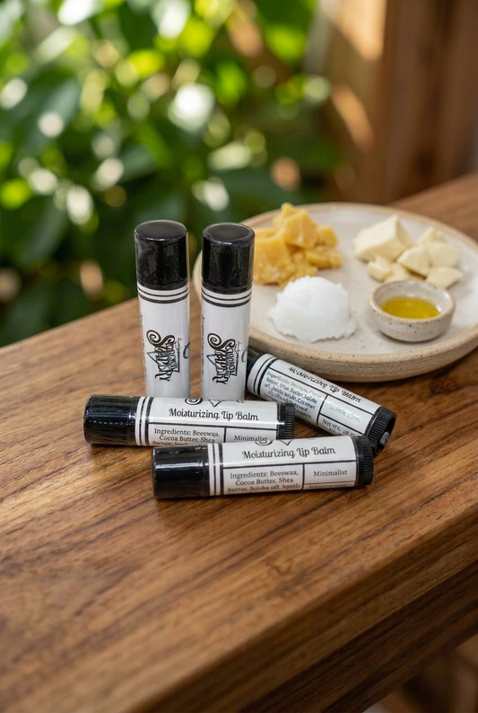 Minimalist lip balm tubes on a wooden table with beeswax, cocoa butter, and shea butter