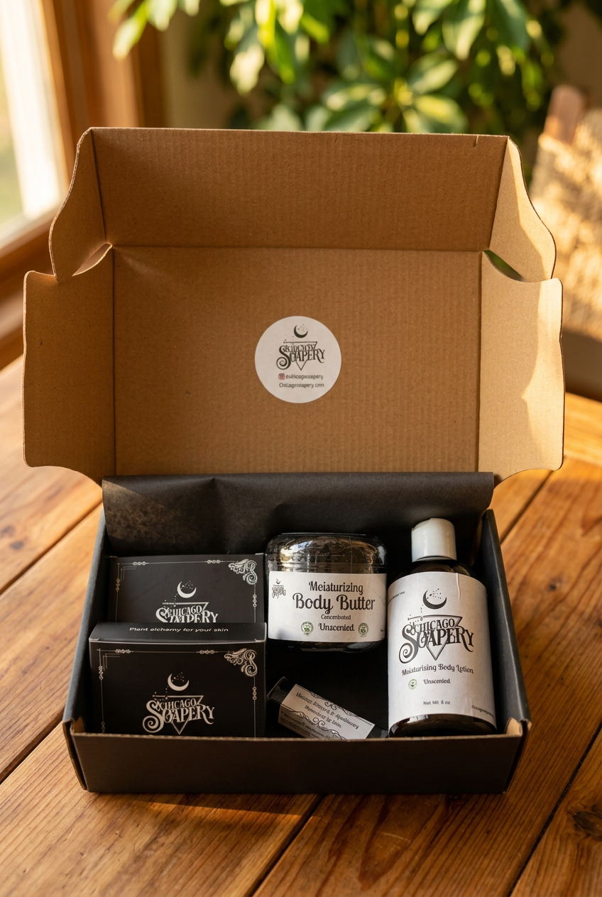 Open handmade gift box with two boxed soaps, body butter, lotion, and lip balm