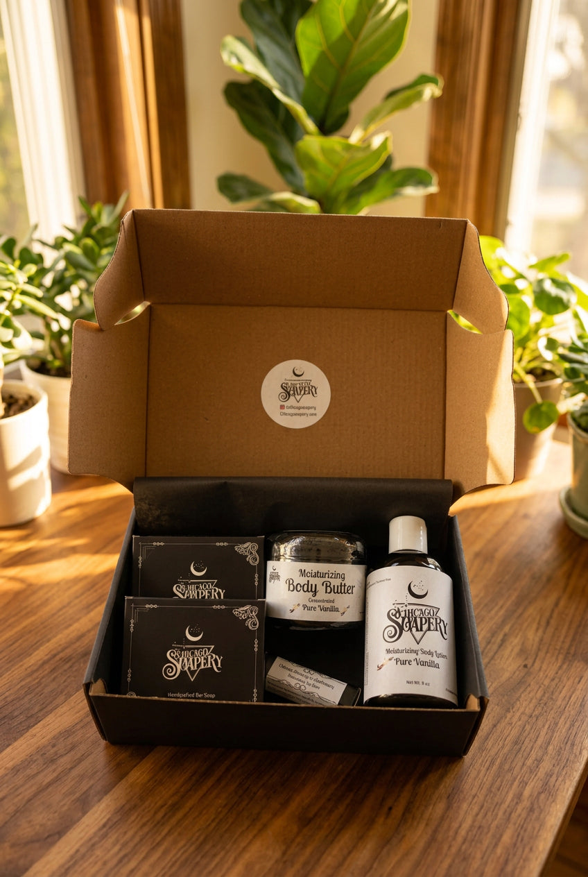 Open Pure Vanilla handmade gift box with two boxed soaps, body butter, lotion, and lip balm