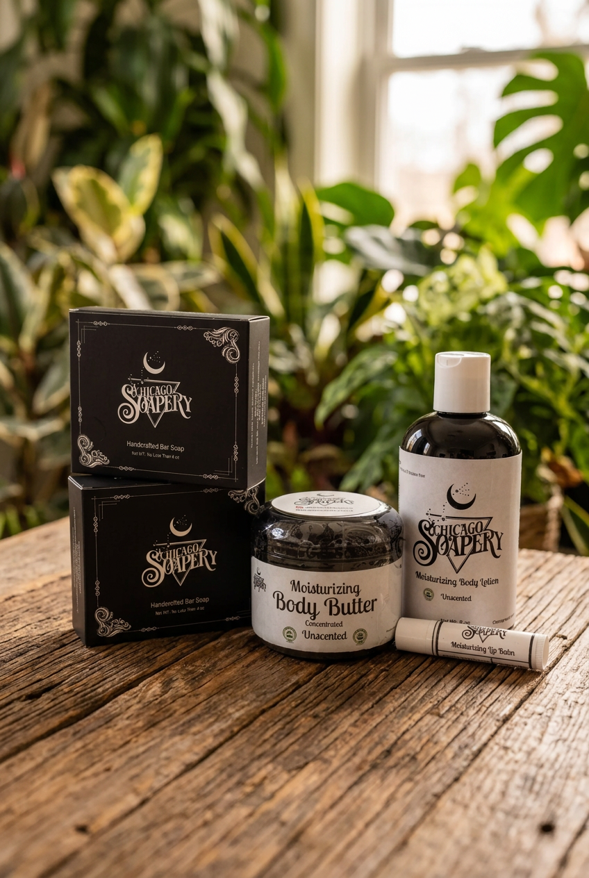 Handmade gift box contents on a wooden table: two boxed soaps, body butter, lotion, and lip balm
