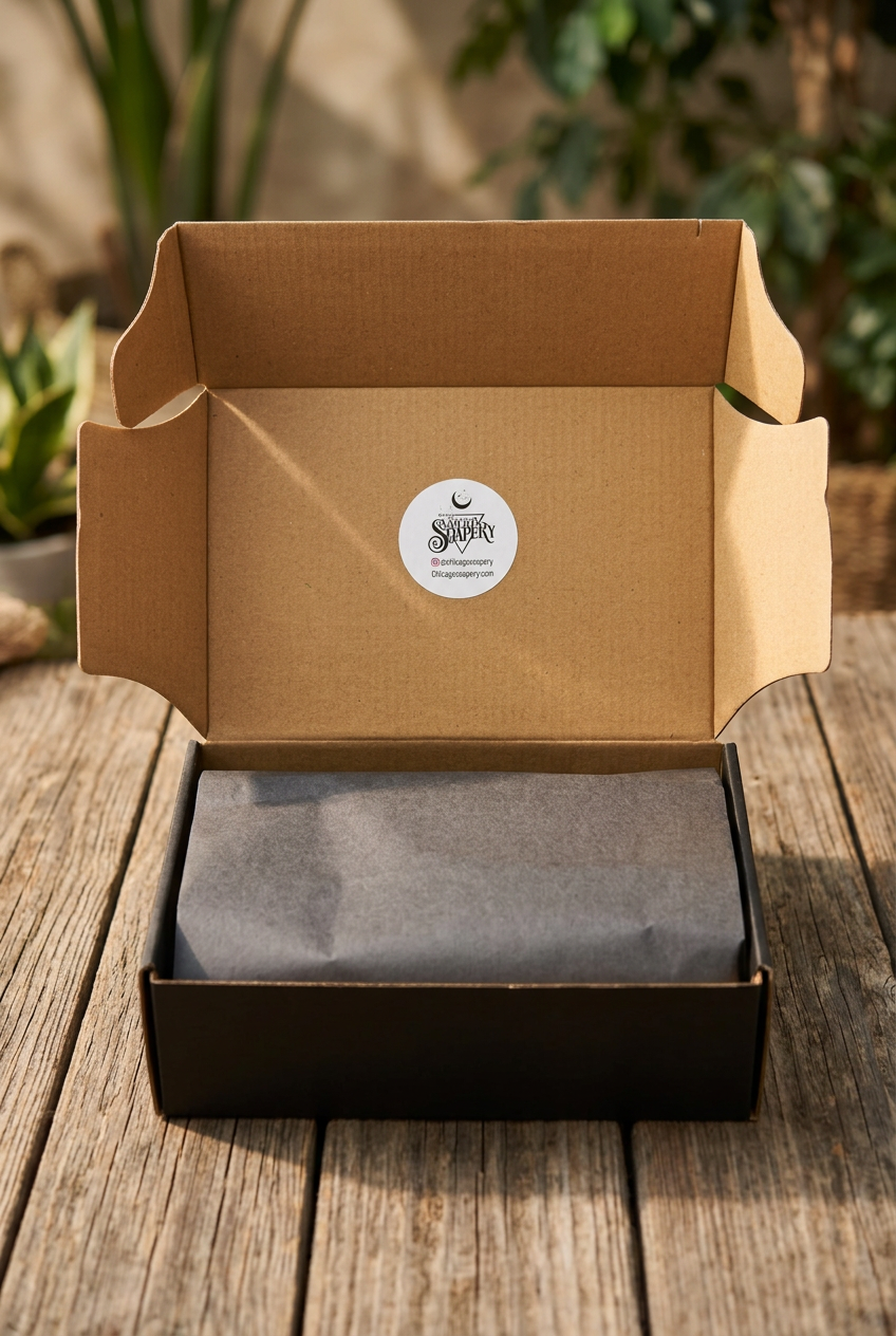 Open handmade gift box lined with black tissue paper