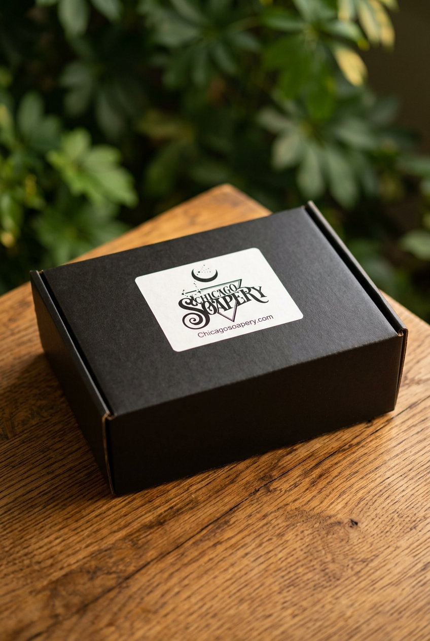 Closed black Chicago Soapery gift box with logo sticker on a wooden table
