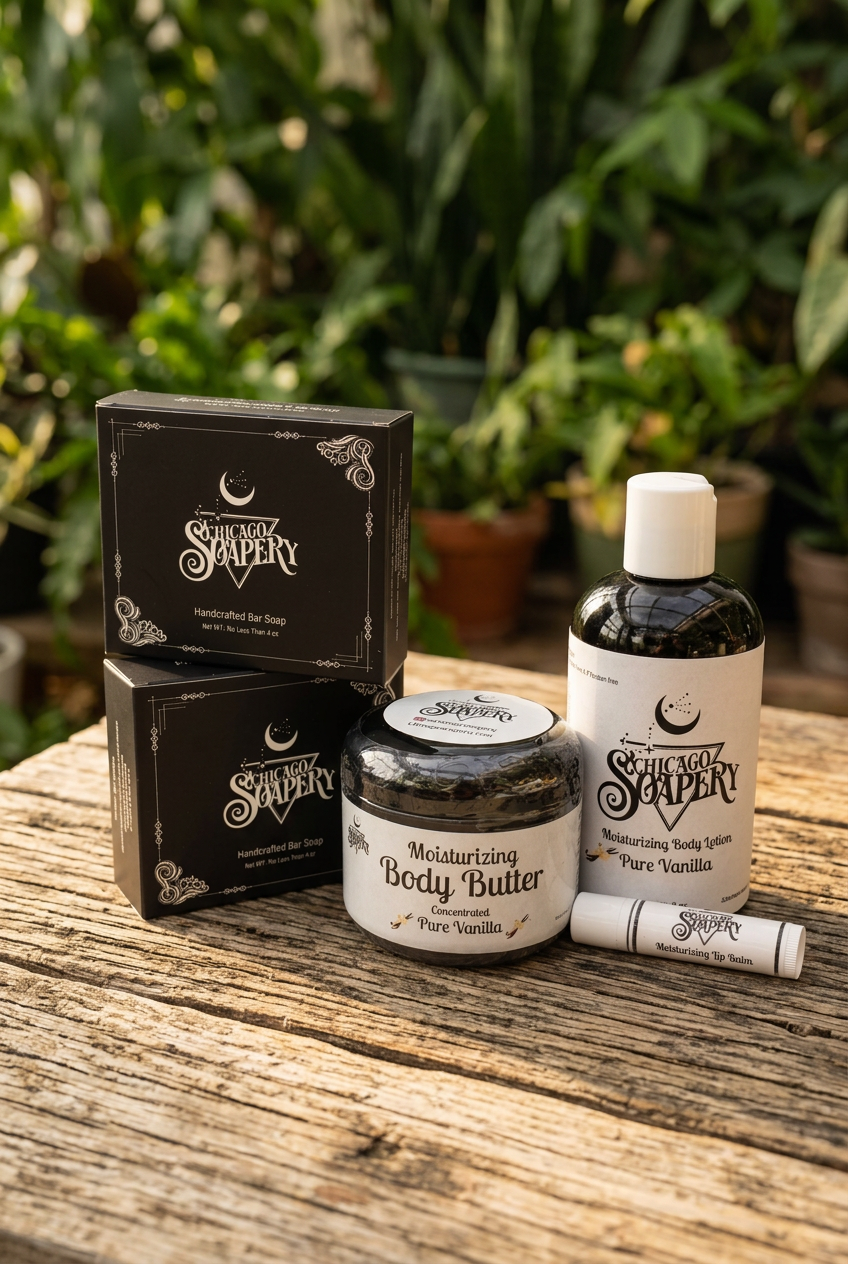 Pure Vanilla gift box contents on a wooden table: two boxed handmade soaps, body butter, lotion, and lip balm